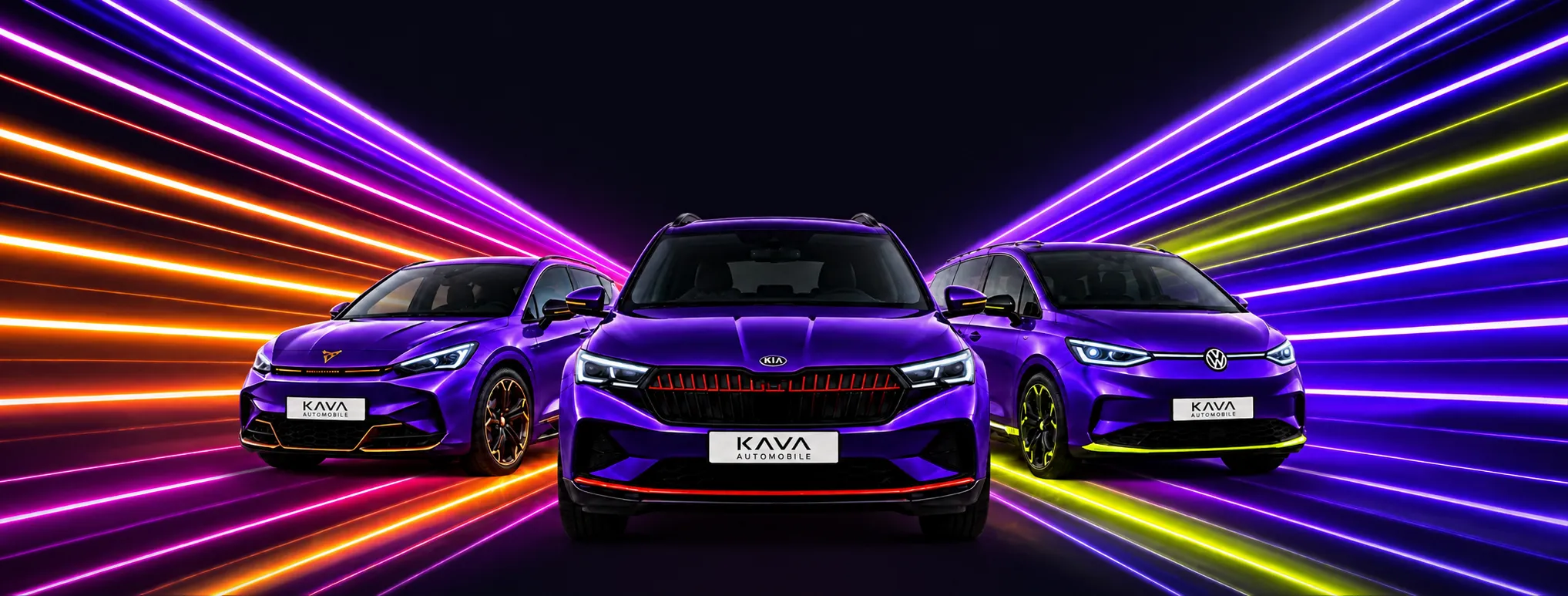 Drei violette Fahrzeuge mit Neon-Lichtspuren